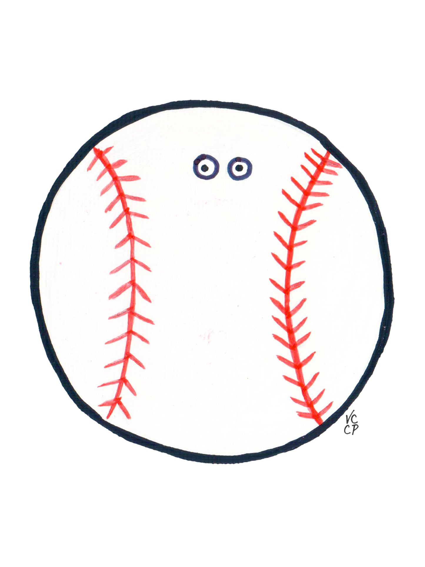 Cartoon baseball with red stitches on a white background