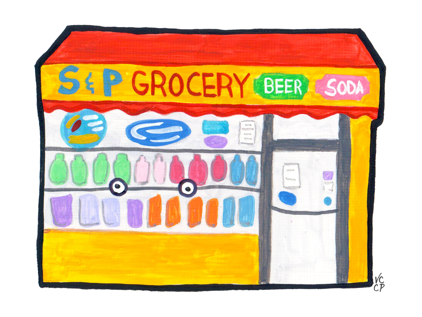 Colorful drawing of NYC bodega with shelves and products on a white background