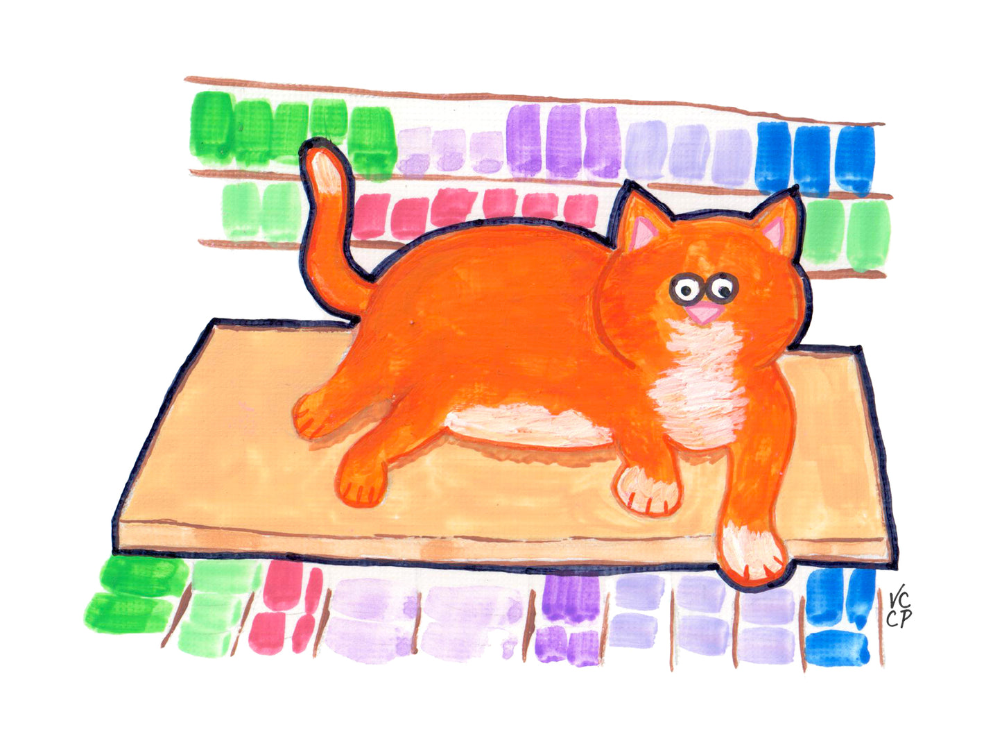 Colorful illustration of an NYC bodega cat on the counter with a colorful background