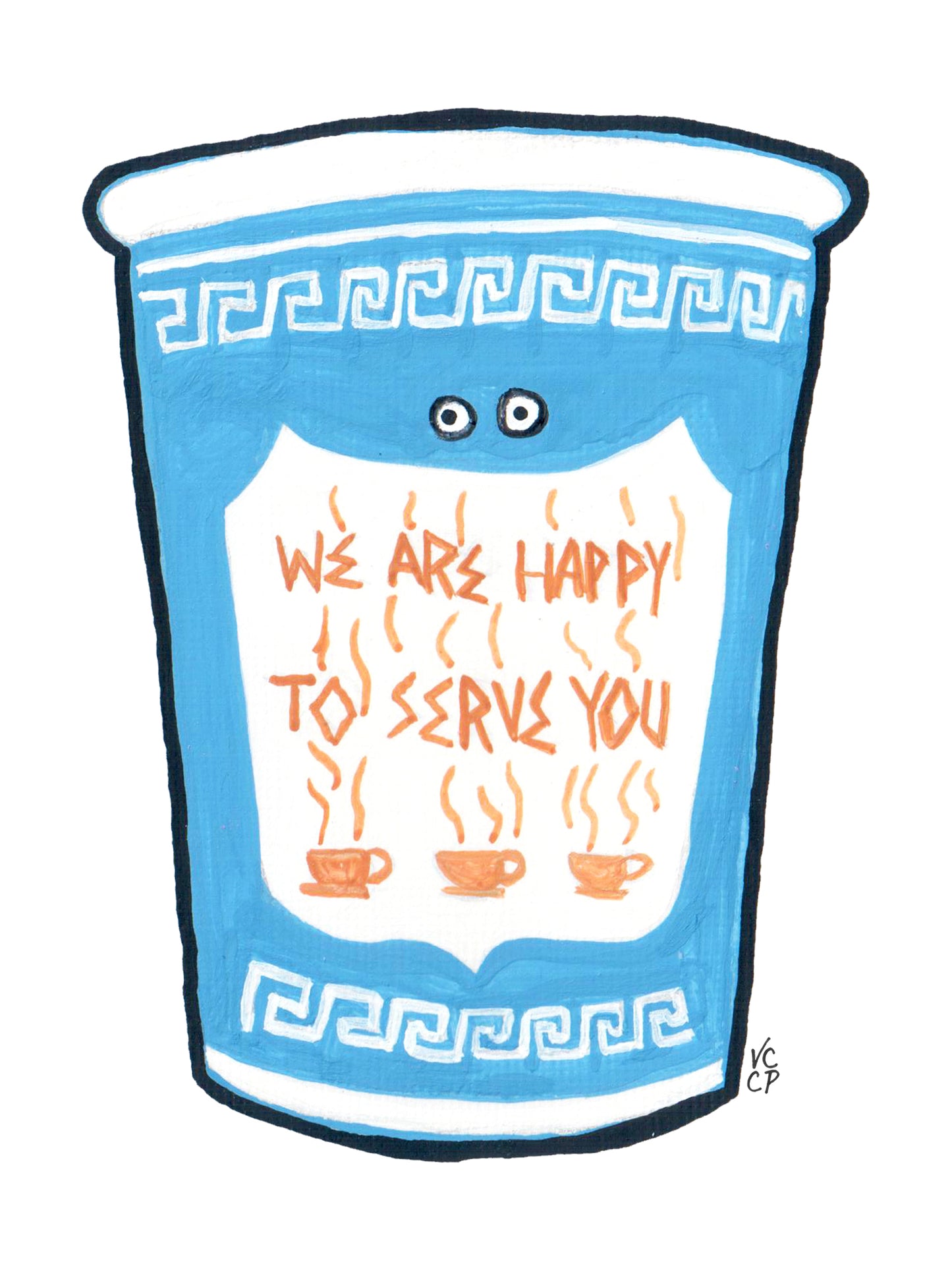 Cartoon-style blue NYC coffee cup with text 'We are happy to serve you' on a white background