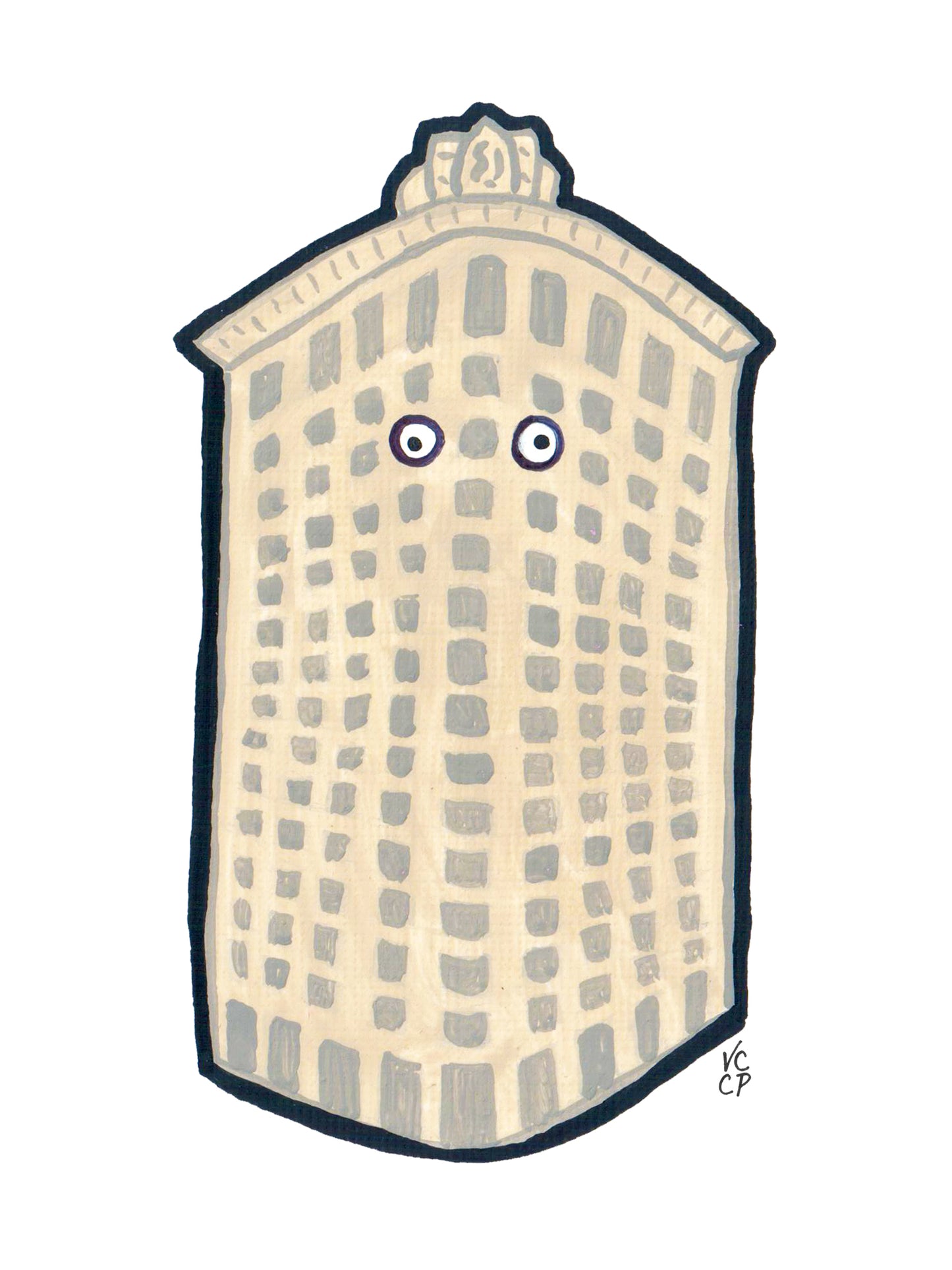 Illustration of New York City's Flatiron building with eyes on a white background