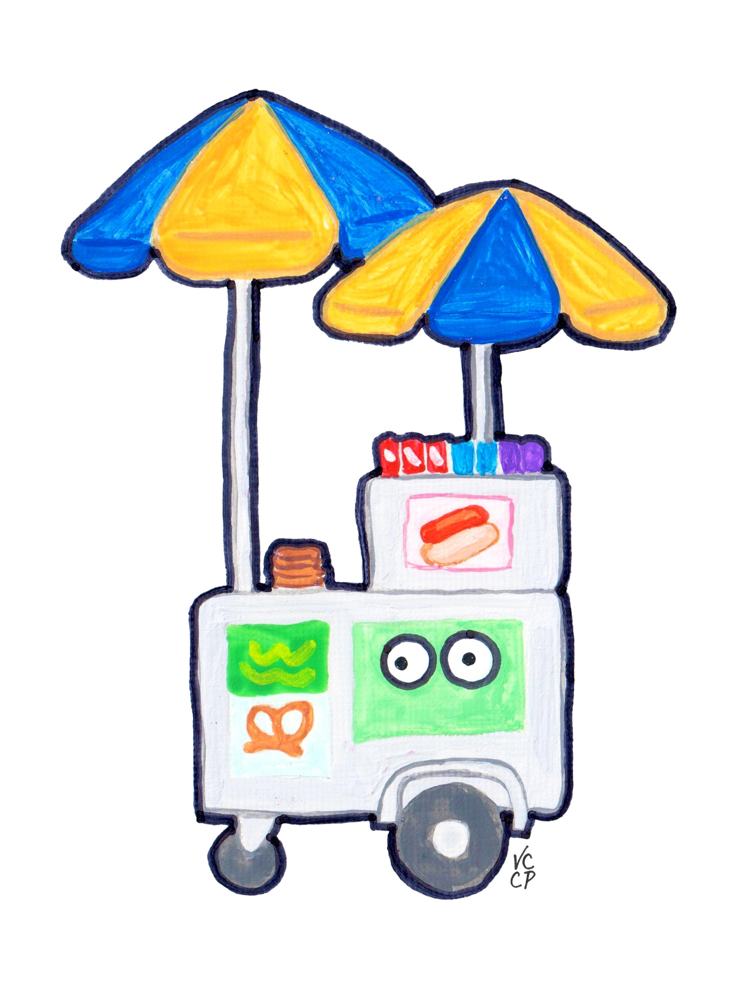 Cartoon NYC hot dog cart with colorful umbrellas on a white background