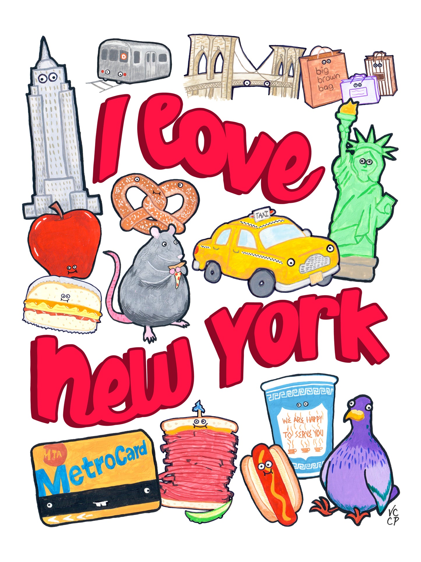 Illustrations of New York City icons with 'I love New York' text on a white background.