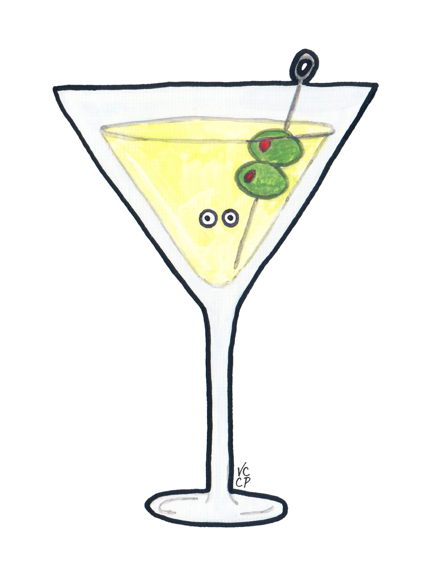 Illustration of an NYC martini glass with a yellow cocktail and two olives on a white background