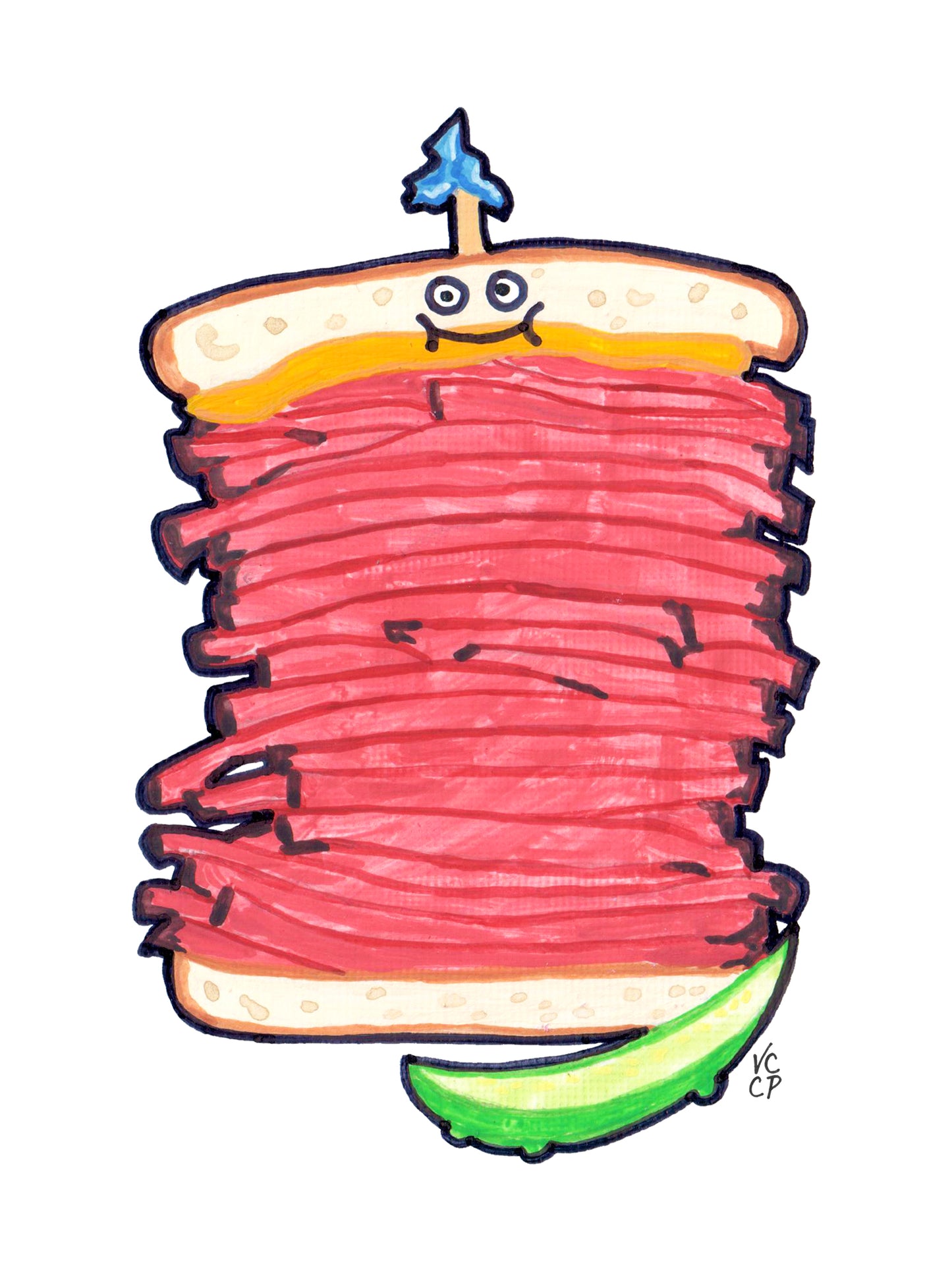 Cartoon NYC pastrami sandwich with a pickle on a white background