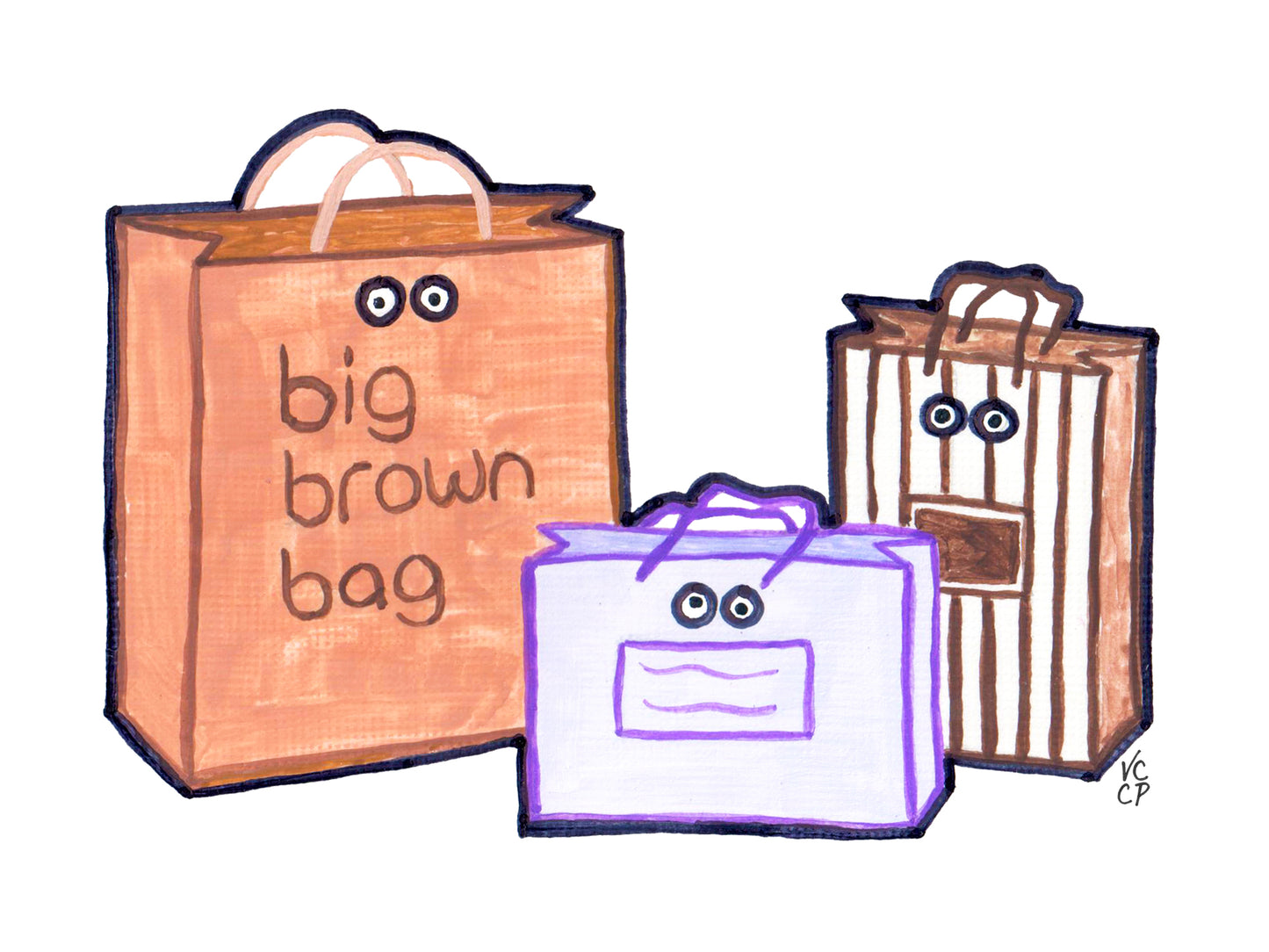 Cartoon illustration of three New York City shopping bags with faces on a white background