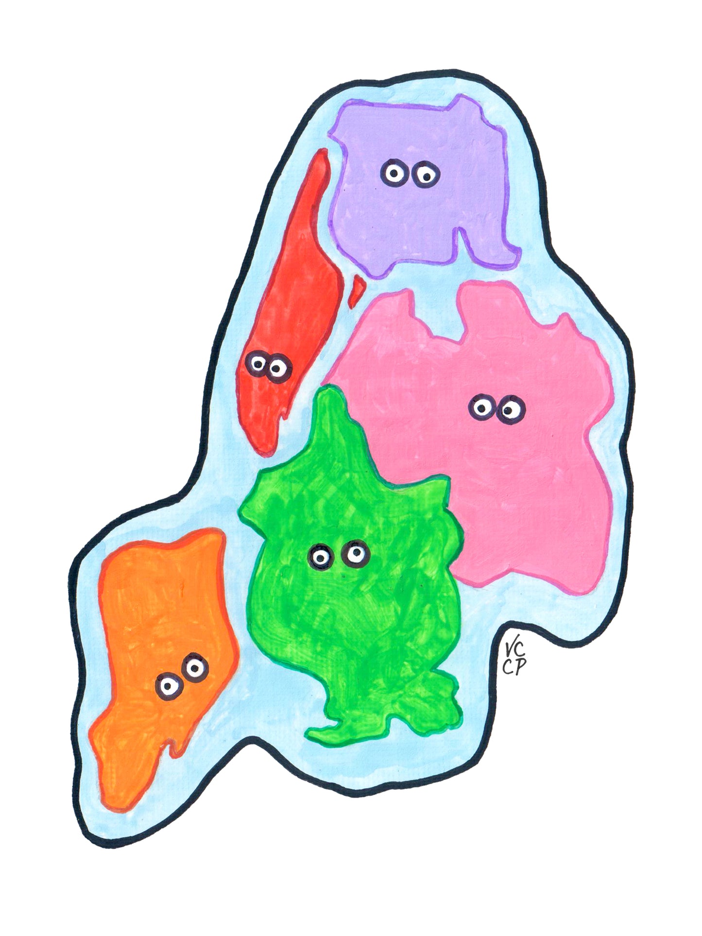 Colorful drawing of the five New York City boroughs on a white background.