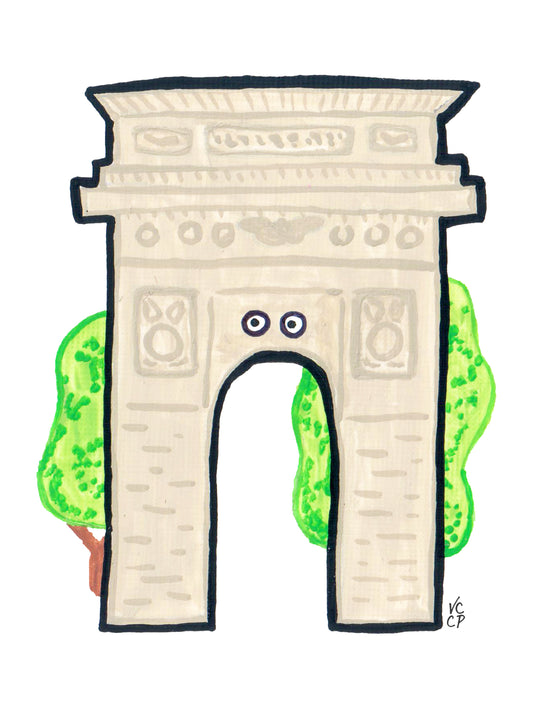 Cartoonish drawing of Washington Square Park arch with eyes and green leaves.