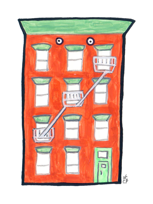 Colorful drawing of an NYC apartment building facade with windows and fire escape.