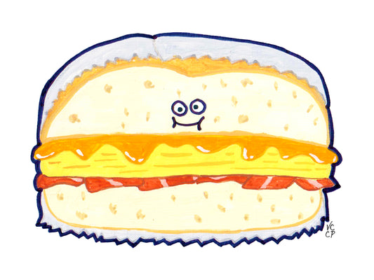 Cartoon bacon egg and cheese NYC breakfast sandwich with a face on a white background