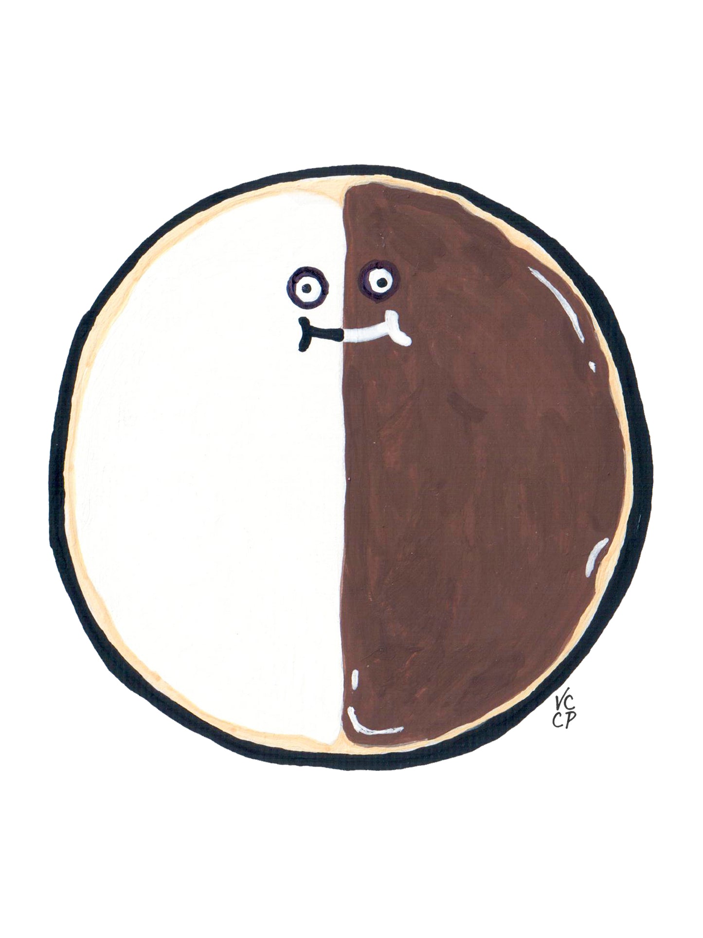 Illustration of an NYC black and white cookie with a face on a white background