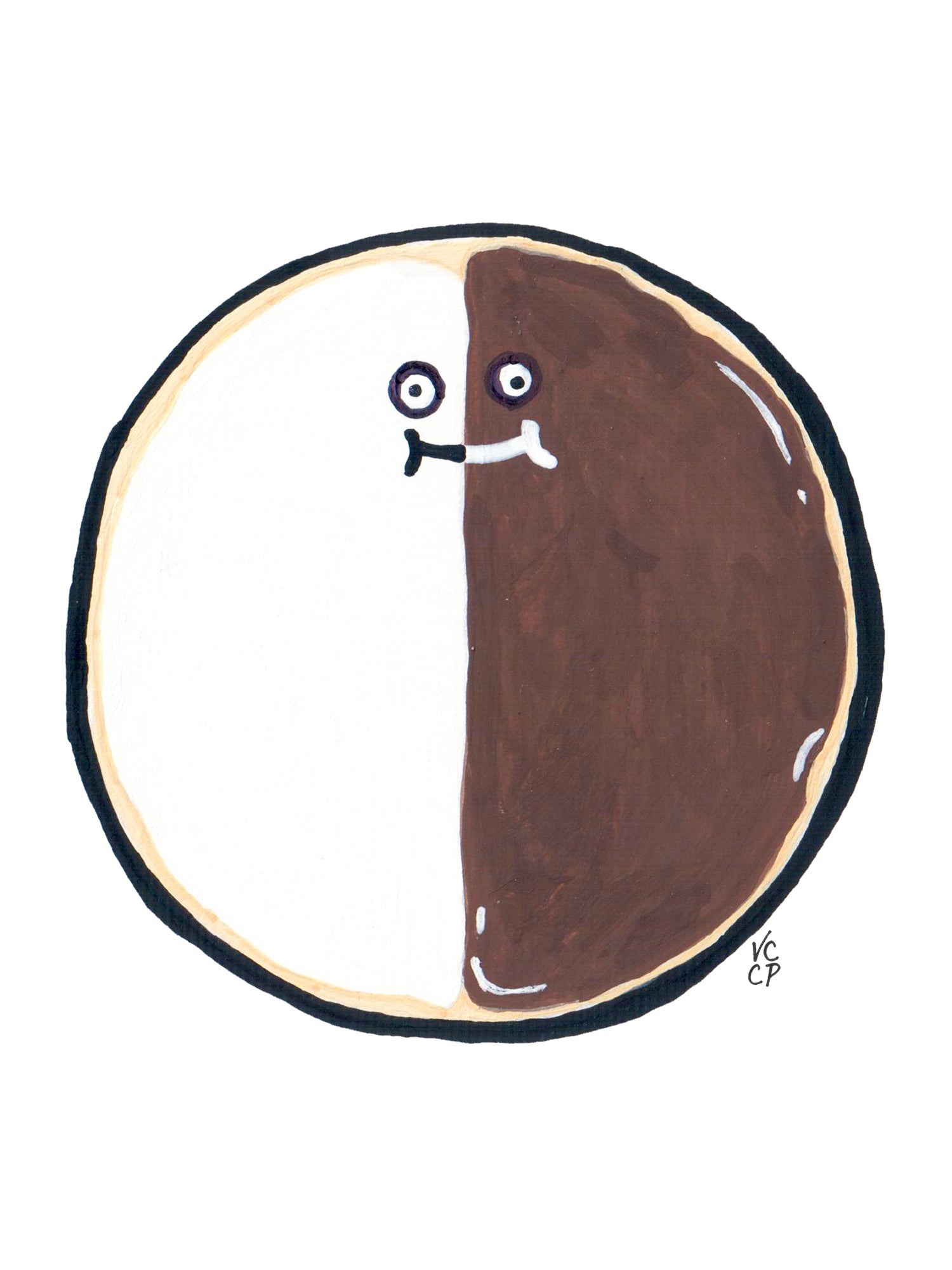 Illustration of an NYC black and white cookie with a face on a white background