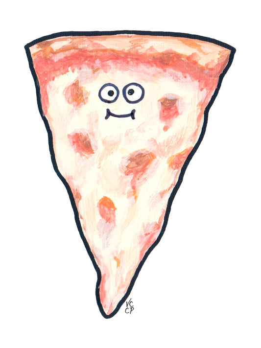 Cartoon NYC pizza slice with a face on a white background