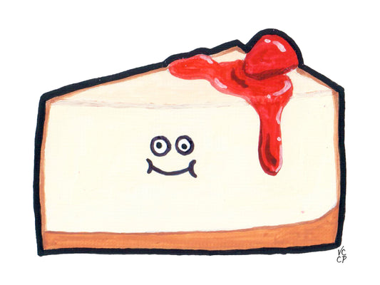 Cartoon slice of New York cheesecake with a smiling face and red strawberry on top