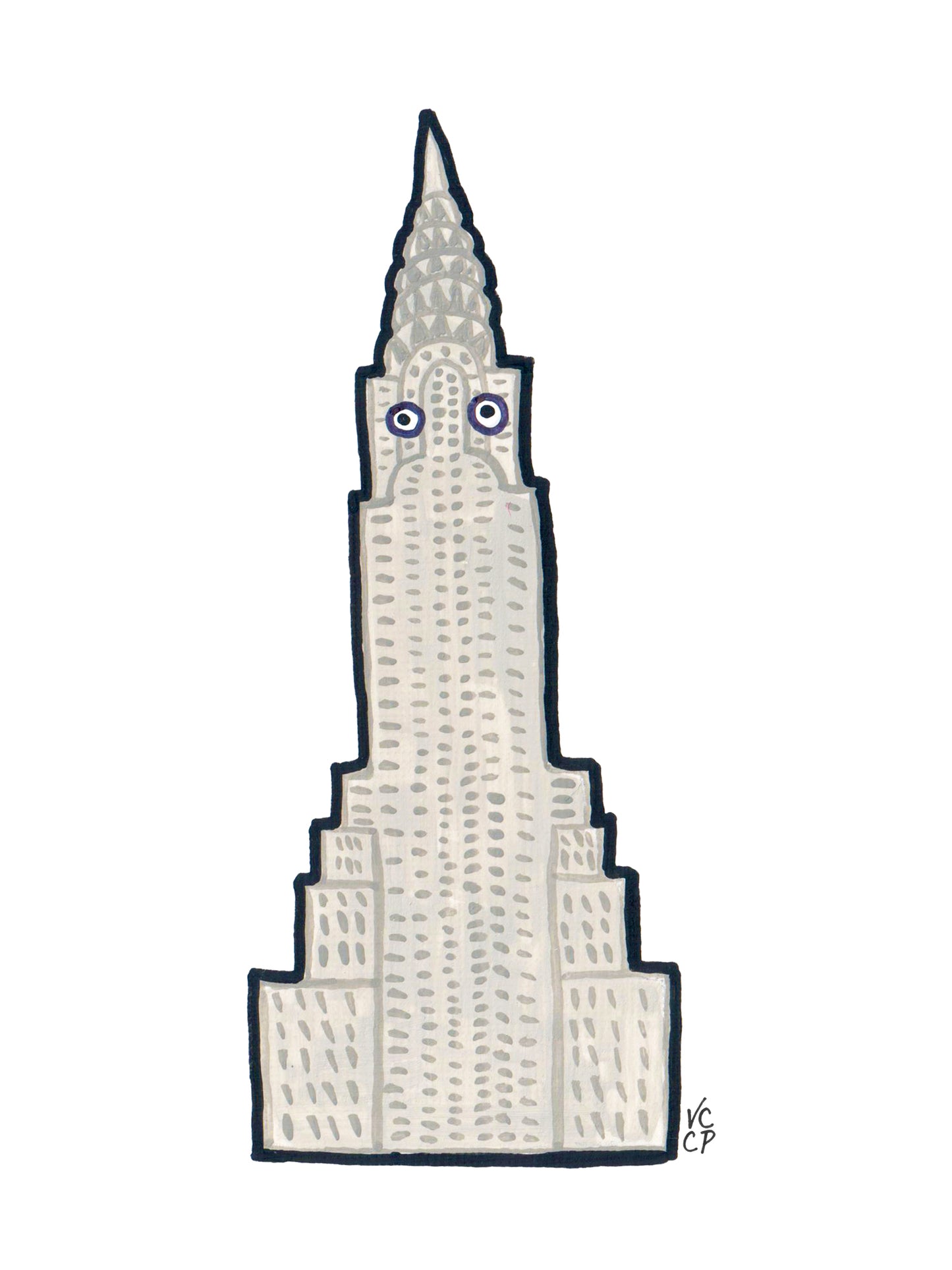 Cartoon illustration of the Chrysler Building skyscraper with eyes on a white background