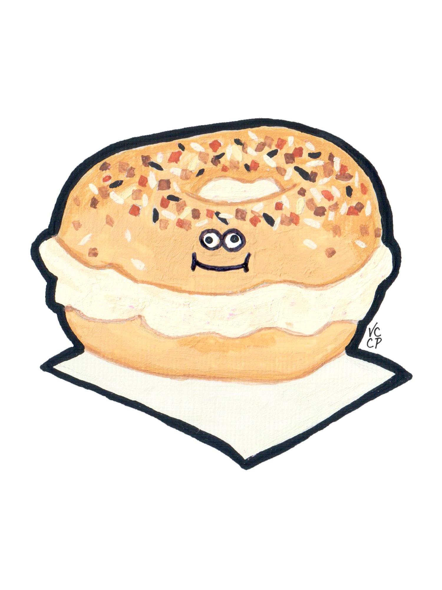 Cartoon everything NYC bagel with cream cheese on a white background