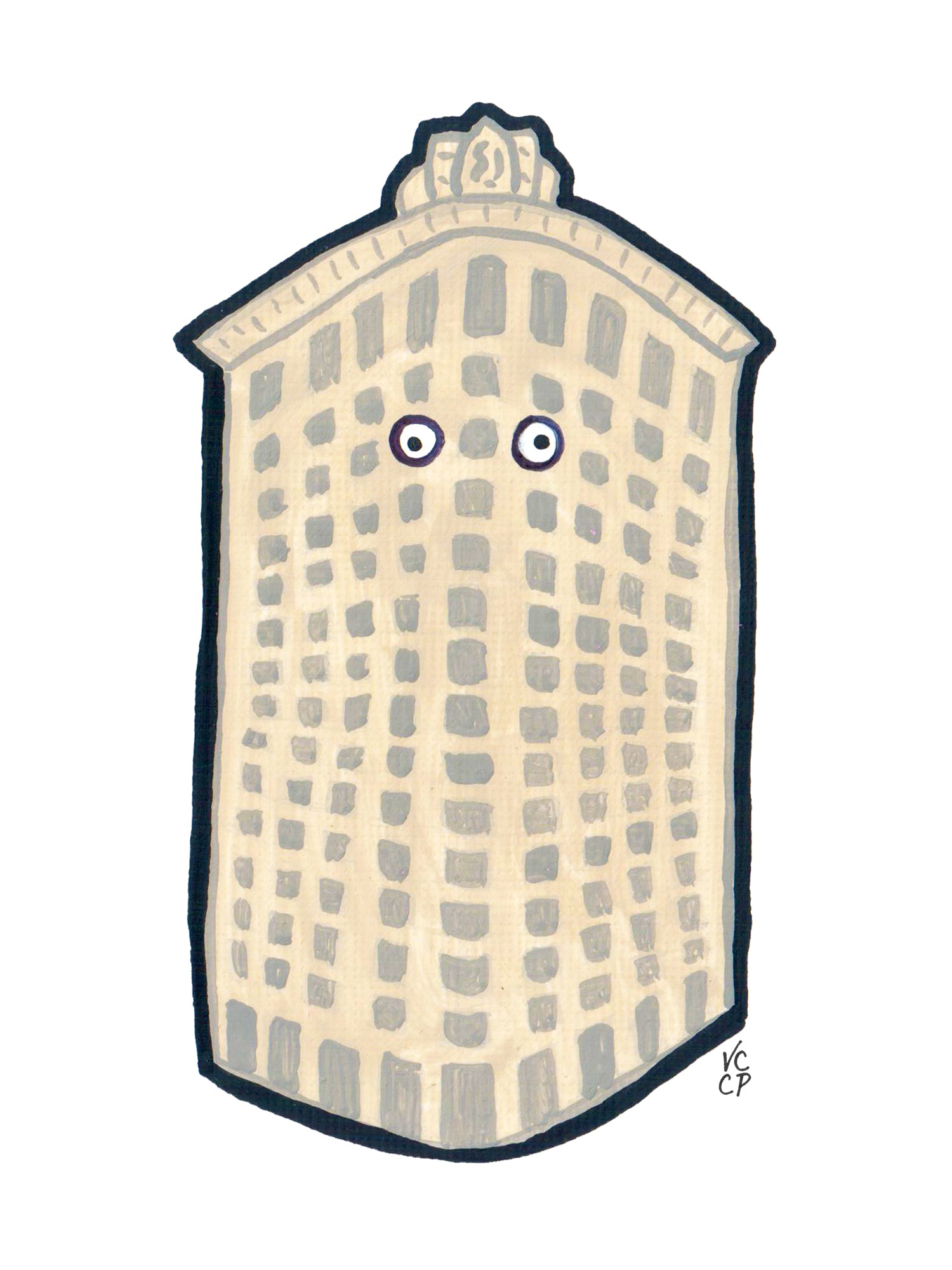 Illustration of New York City's Flatiron building with eyes on a white background