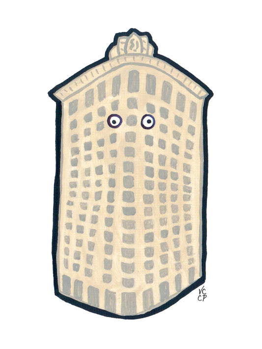 Illustration of New York City's Flatiron building with eyes on a white background