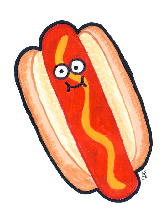 Cartoon NYC hot dog with a face on a white background