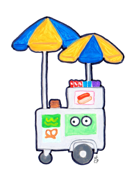 Cartoon NYC hot dog cart with colorful umbrellas on a white background