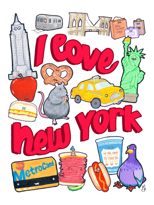 Illustrations of New York City icons with 'I love New York' text on a white background.