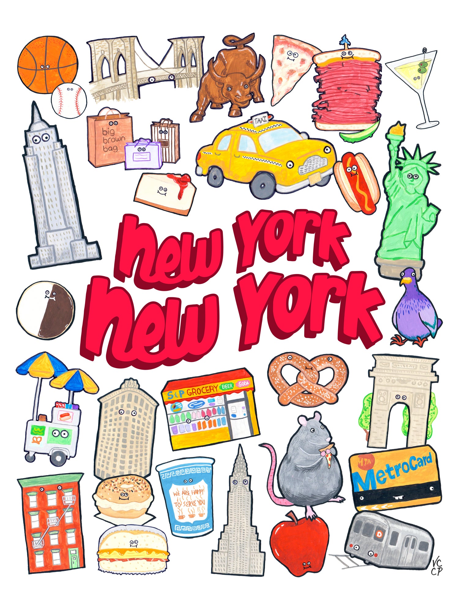 Illustrations of New York City-themed items including a taxi, Statue of Liberty, and hot dog with text 'New York New York'.