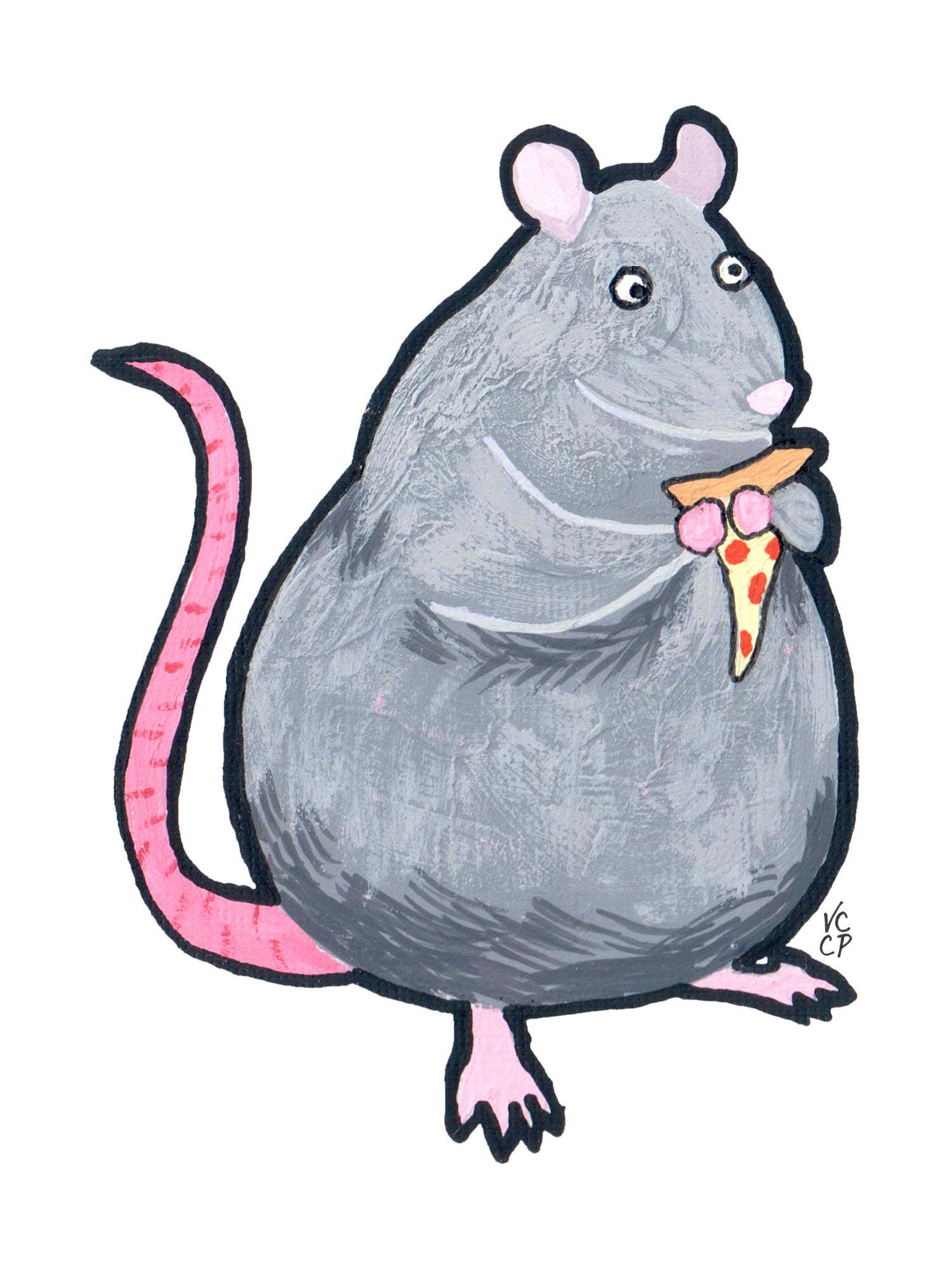 Cartoon NYC rat holding a slice of pizza on a white background