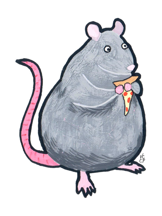 Cartoon NYC rat holding a slice of pizza on a white background