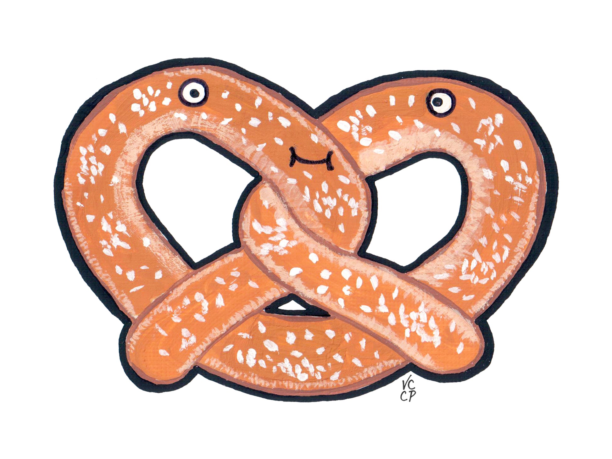 Cartoon NYC pretzel with a face on a white background