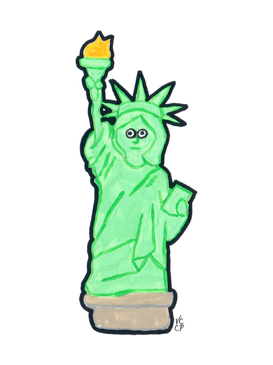 Cartoonish green Statue of Liberty with a yellow torch on a white background